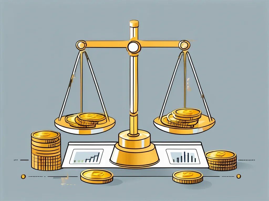 Une balance équilibrée avec divers graphiques financiers et tableaux d'un côté et une pile de pièces d'or de l'autre