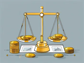 A balanced scale with various financial graphs and charts on one side and a stack of gold coins on the other