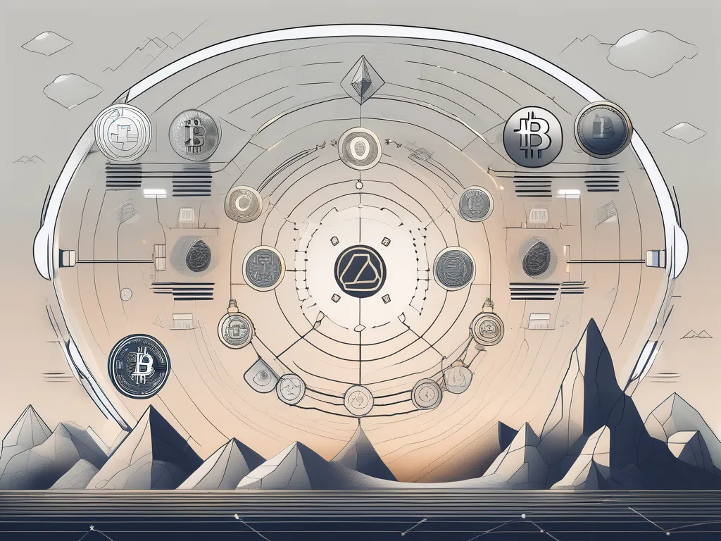 Un paisaje digital futurista con varios iconos simbólicos que representan diferentes criptomonedas (como bitcoin