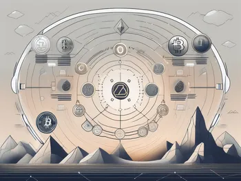 A futuristic digital landscape with various symbolic icons representing different cryptocurrencies (such as bitcoin