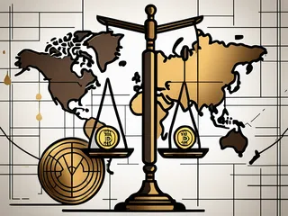 A balanced scale with gold coins on one side and various trading symbols (like a bull