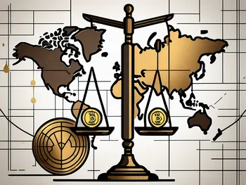 A balanced scale with gold coins on one side and various trading symbols (like a bull