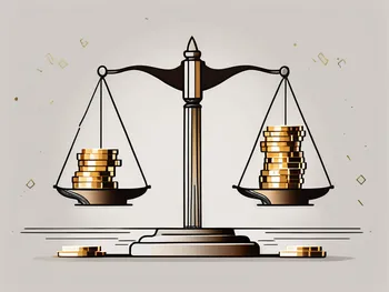 A balanced scale with a building symbolizing a company on one side and stacks of gold coins on the other