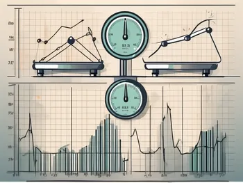 A dynamic stock market chart with various trading indicators and a pair of scales