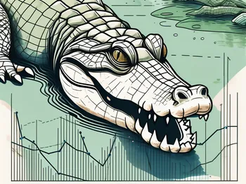 Un alligator émergeant d'un plan d'eau avec des graphiques financiers subtilement incorporés dans son corps et le paysage environnant