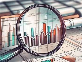 A magnifying glass hovering over a collection of stock market charts and graphs