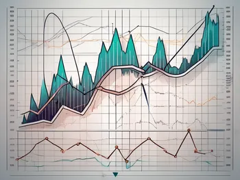 A dynamic stock market graph with the aroon indicator lines prominently displayed