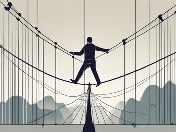 A tightrope walker balancing on a rope above a safety net