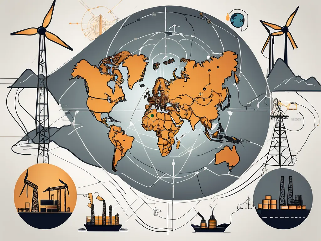 Un mapa global con iconos simbólicos de varios productos energéticos como barriles de petróleo