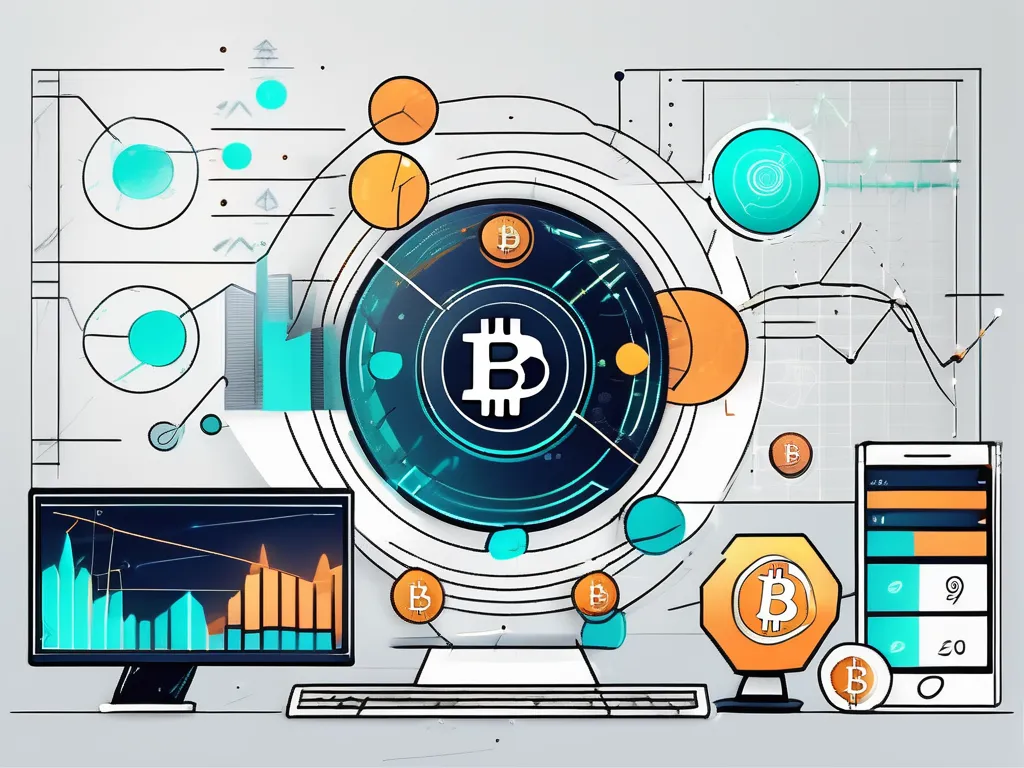 Eine futuristische digitale Handelsplattform mit verschiedenen Kryptowährungssymbolen und Diagrammen