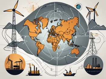 A global map with symbolic icons of various energy commodities like oil barrels