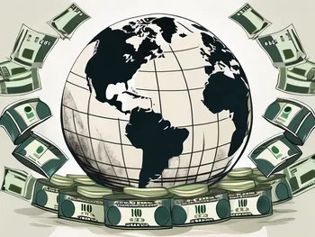 A world globe with oil barrels and dollar bills swirling around it