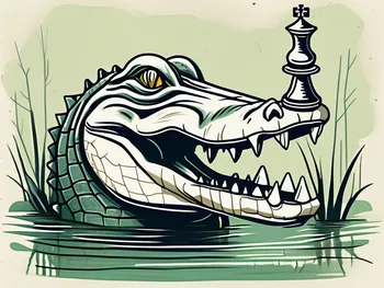 An alligator emerging from a swamp with a chess piece in its jaws