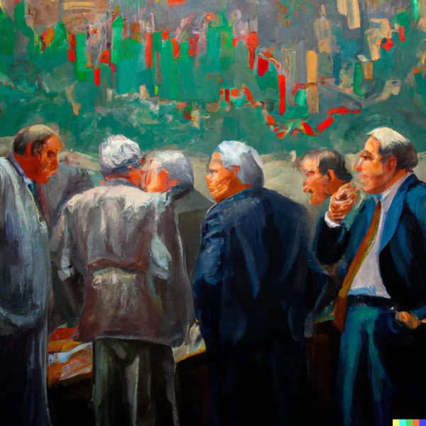 Oil painting of successful swing traders on the trading floor