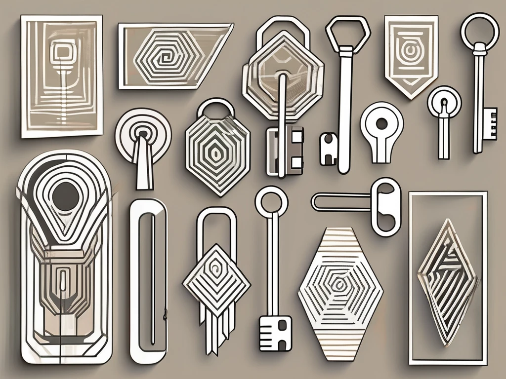 Various types of wedge patterns depicted as keys unlocking abstract geometric shapes