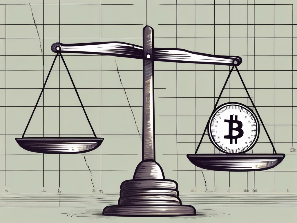 A balanced scale with currency symbols on one side and stock market graphs on the other