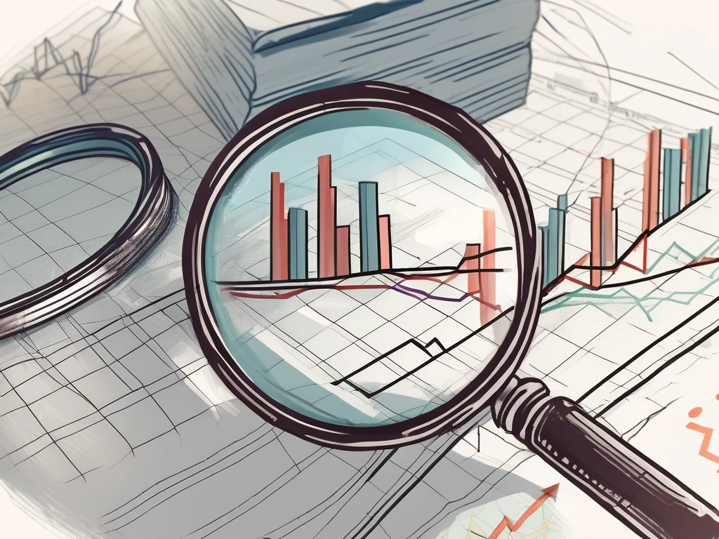 A magnifying glass hovering over a stack of stock market charts and graphs