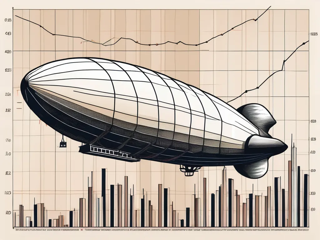 The hindenburg zeppelin ominously looming over a volatile stock market graph