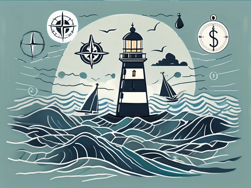 A choppy sea with various financial symbols like dollar signs and percentage symbols