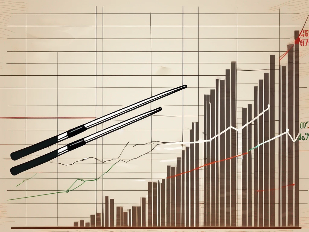 Un par de palillos chinos (que representan el vacío de tasuki) sobre un gráfico de mercado de valores en tendencia bajista.