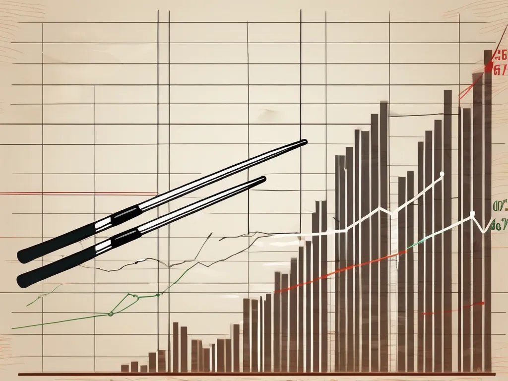 Un par de palillos chinos (que representan el vacío de tasuki) sobre un gráfico de mercado de valores en tendencia bajista.