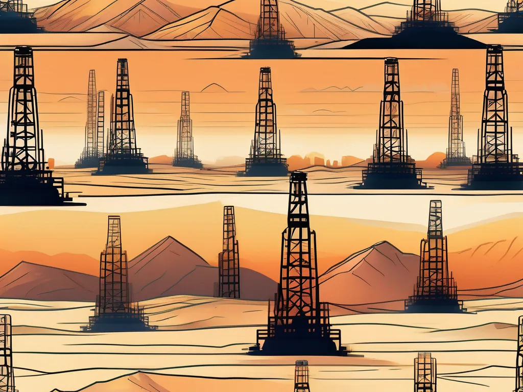 A crude oil drilling rig in the middle of a vast desert