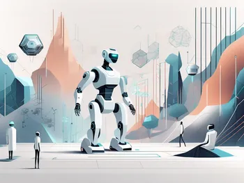 A futuristic digital landscape where ai robots are interacting with various abstract representations of nfts