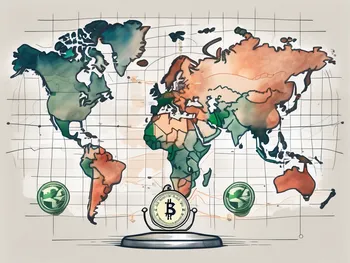 A global map with different currencies symbolically floating above various countries