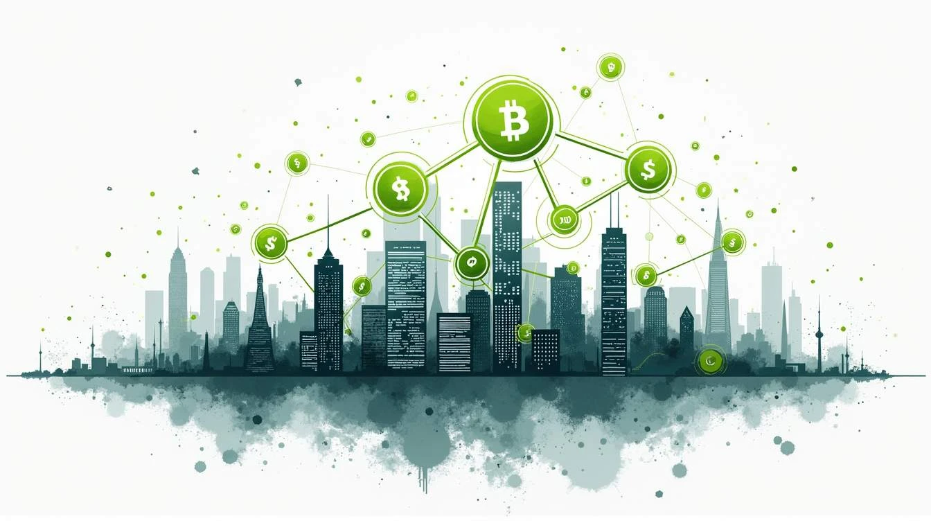 An abstract representation of interconnected blockchain nodes and digital currency symbols