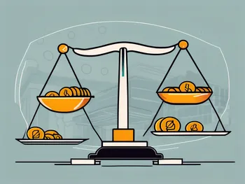 A balance scale with coins on one side representing profits and various business elements like a laptop