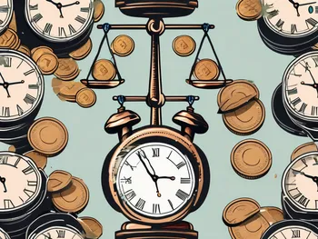 A pair of scales balancing a clock and a pile of coins