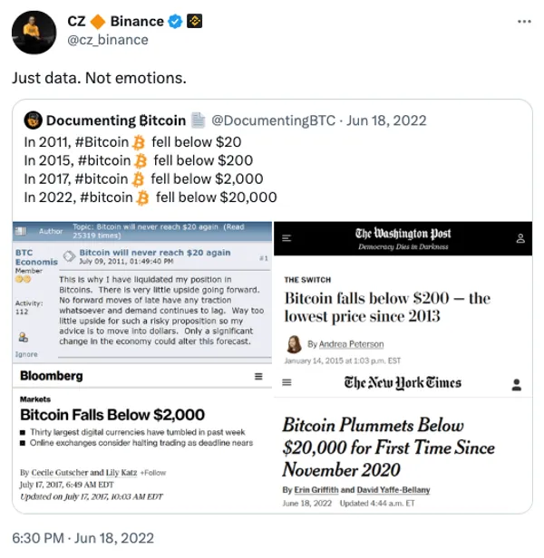 Tweet de CZ sur Bitcoin