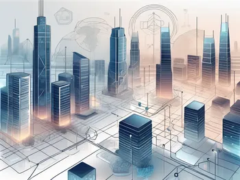 A futuristic digital cityscape with symbolic elements of blockchain technology and central banks