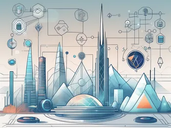 Eine futuristische digitale Landschaft mit verschiedenen symbolischen Icons, die unterschiedliche Sektoren wie Finanzen repräsentieren