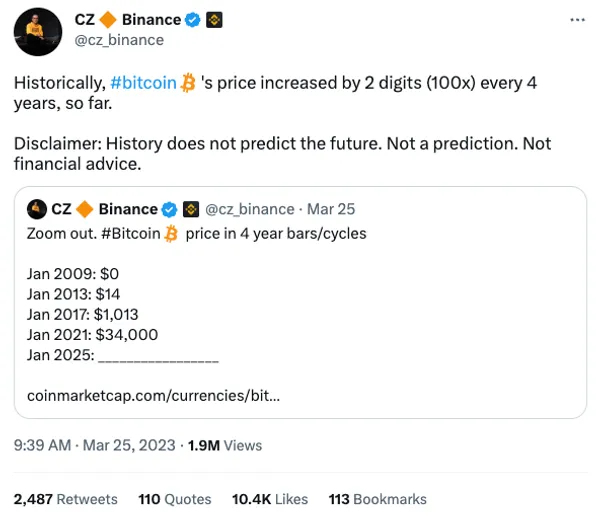 Tweet de CZ Binance sobre Bitcoin