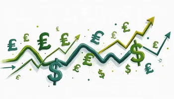 An abstract representation of currency symbols intertwined with fluctuating graphs and arrows