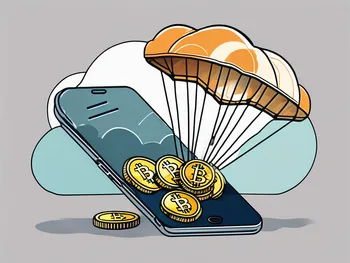 Un parachute numérique larguant des cryptomonnaies depuis un nuage dans un portefeuille numérique.