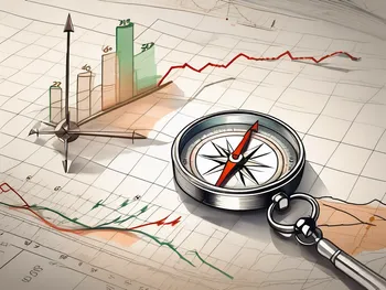 A compass and a hourglass on a stock market chart background