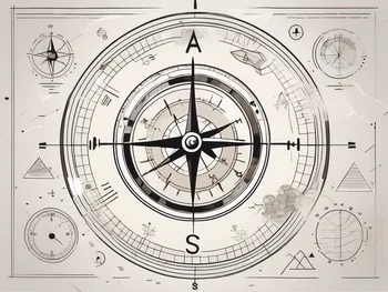 A compass surrounded by various economic symbols like a graph