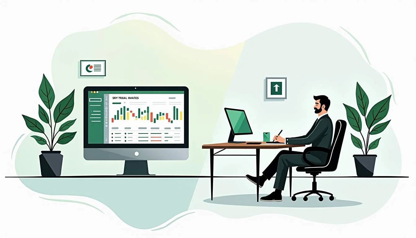 Una comparación abstracta de la interfaz de una plataforma de trading digital por un lado y el entorno de una oficina de corretaje tradicional por el otro