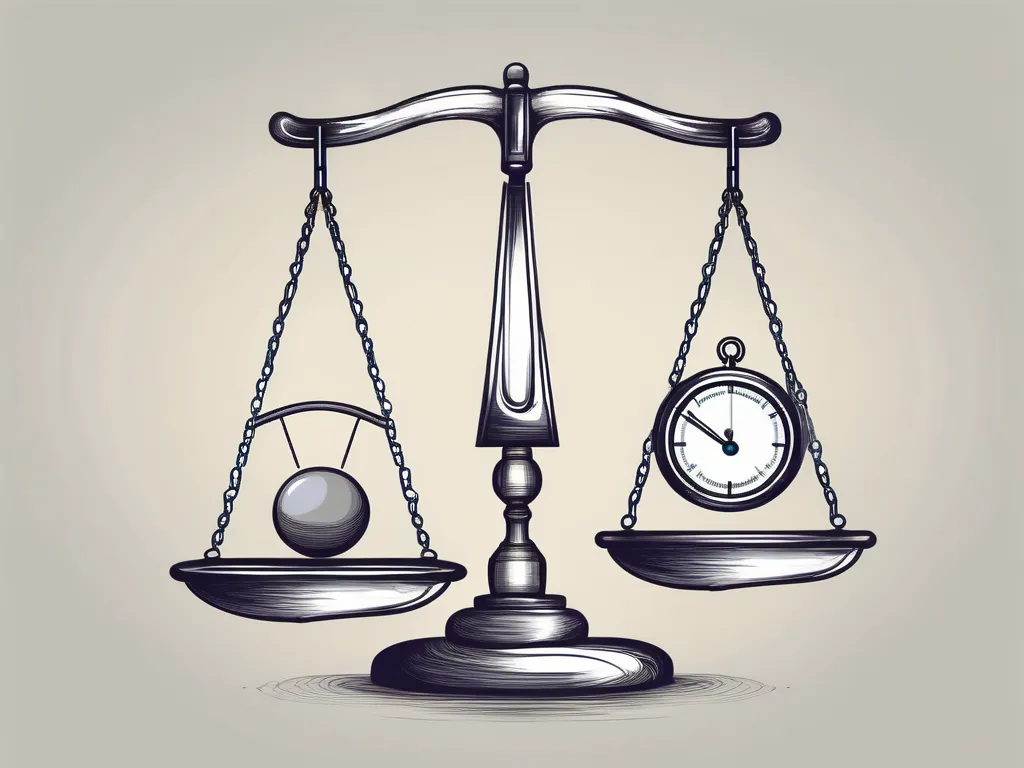 A balance scale with stocks on one side and a swinging pendulum on the other