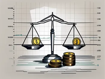 A scale with a stack of coins on one side and a stock market graph on the other