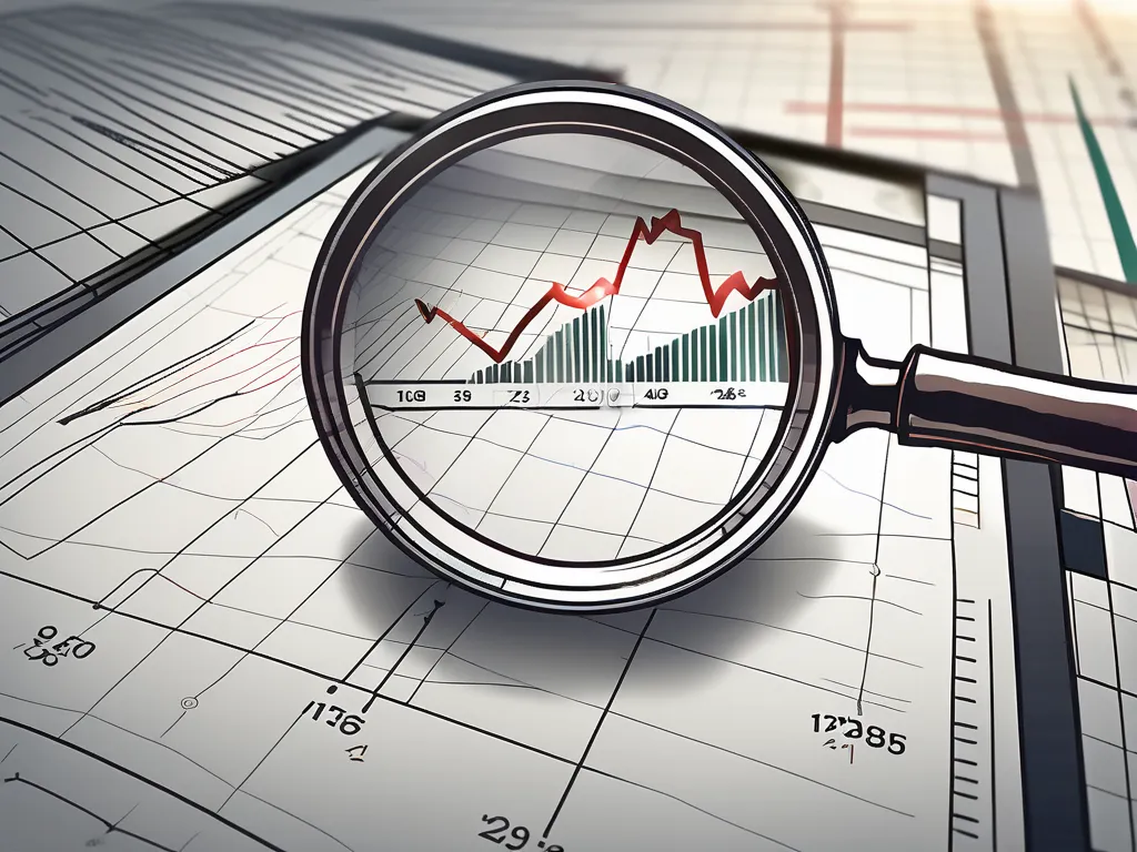 A magnifying glass hovering over a stock market chart