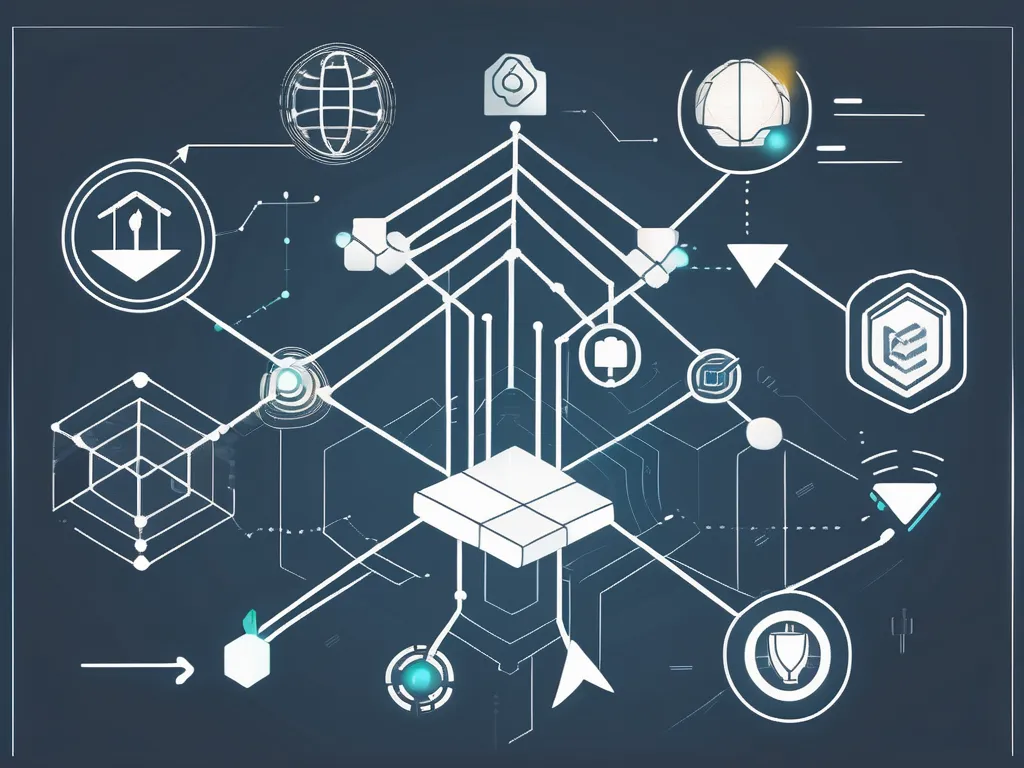 Various futuristic financial technology icons such as blockchain