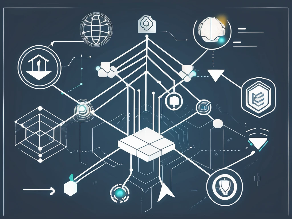 Various futuristic financial technology icons such as blockchain