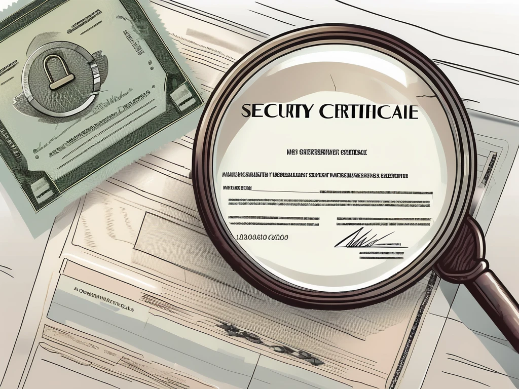 A magnifying glass hovering over a stock certificate and a padlock