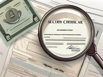 A magnifying glass hovering over a stock certificate and a padlock