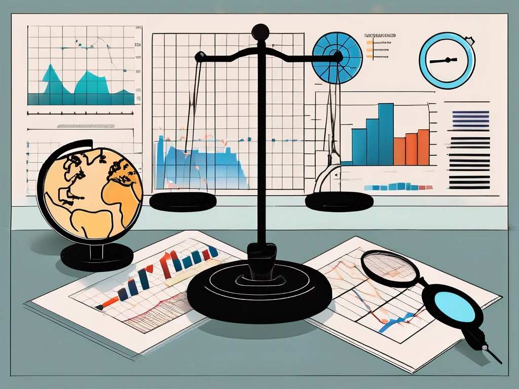 Una balanza equilibrada con diversas herramientas de trading, como gráficos