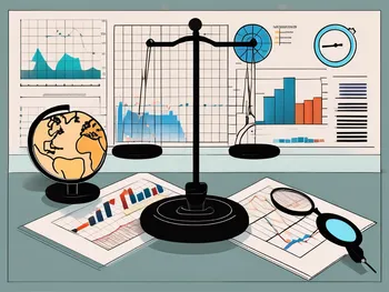 A balanced scale with various trading tools such as charts