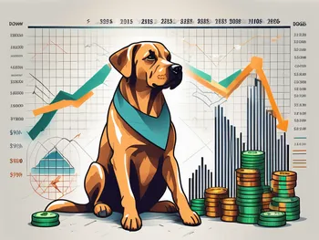 A playful dog sitting atop a stack of financial charts and stock market symbols